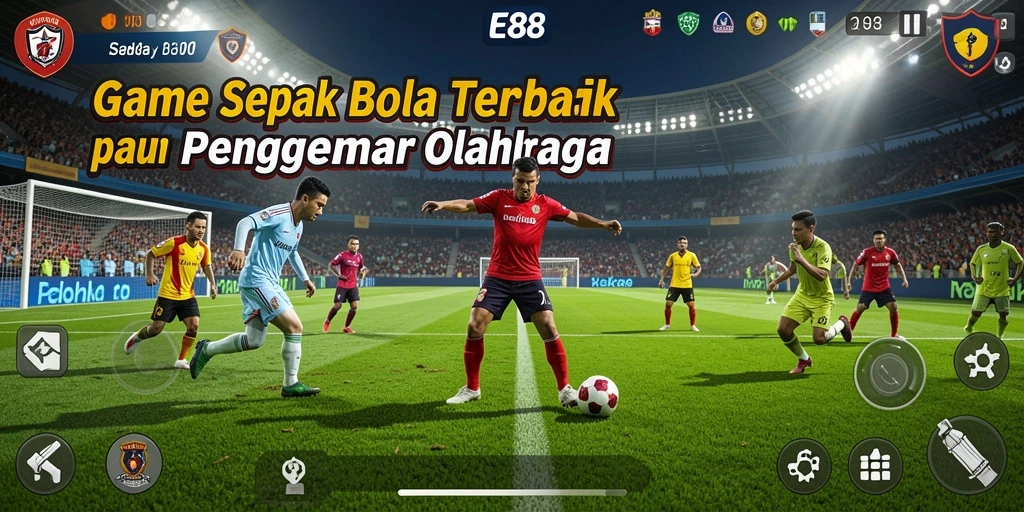 Tampilan gameplay E88 menampilkan aksi seru di lapangan sepak bola.
