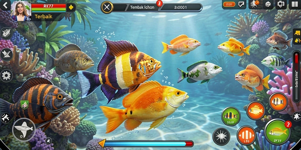 Tampilan gameplay RK77 dengan aksi menembak ikan yang seru.