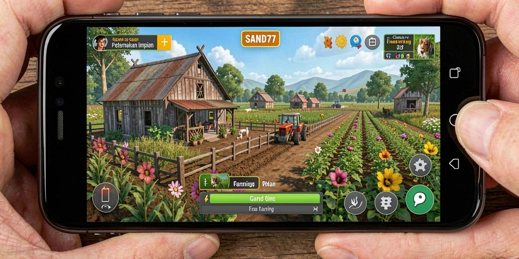 Gameplay SAND77 yang menarik dengan kesibukan bertani dan beternak.