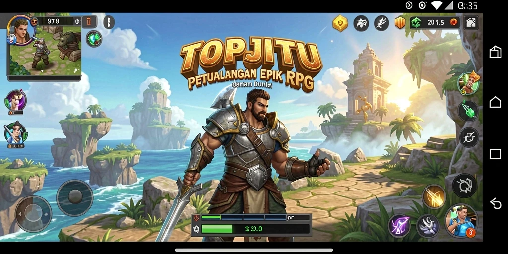 Screenshot utama TOPJITU menampilkan pertarungan epik di dunia RPG yang fantastis.